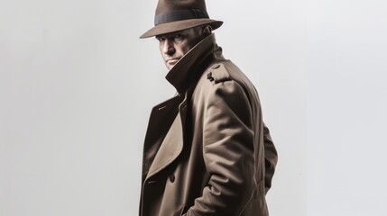 Detective in a classic detective trench coat, hat, isolated on white background