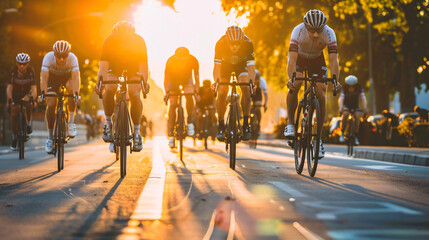 group of people cycling riding down a street, city view, sunset, night, city, traffic, street,...