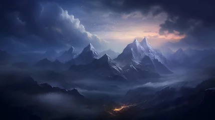 Deurstickers An imposing mountain range looming on the horizon, its peaks obscured by swirling clouds, creating an atmosphere of mystery and intrigue, inviting exploration and discovery. © Graphica Galore