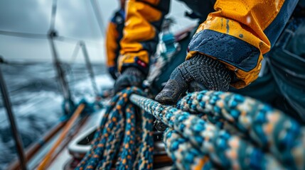Closeup up of Yachtsman hands dealing with yacht ropes.
