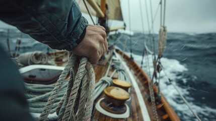 Closeup up of Yachtsman hands dealing with yacht ropes.