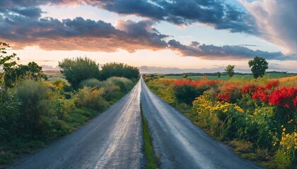 Obraz premium A Quiet and beautiful countryside roads with bright skies and diverse roadside plants generative ai art