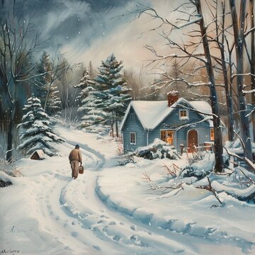 A painting of a person walking towards a cozy, lit cottage amid a snowy landscape with dense trees.