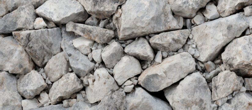 A pile of various rocks and pebbles stacked on a textured sandy ground with sunlight casting shadows, suitable for construction or geology concepts