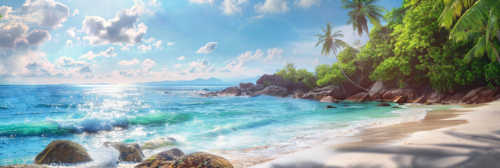 Idyllic Tropical Paradise Beach Panorama with Palm Trees