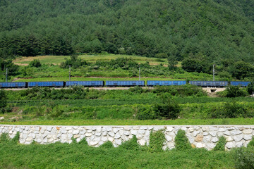 View of the moving cargo train in the mountain