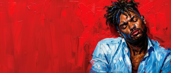  A painting of a man with dreadlocks, wearing a blue shirt on a red wall background