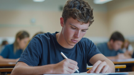 A young male student with glasses engrossed in writing during a classroom exam.