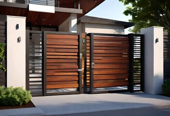 A contemporary house gate design featuring a blend of wood and metal elements, combining natural textures with industrial aesthetics. 