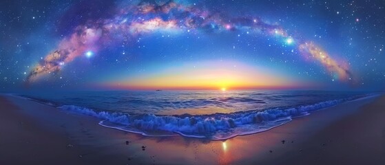  A sunrise over an ocean at night, with stars scattered across the sky