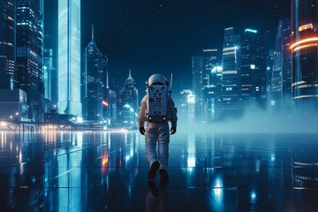 Mysterious Astronaut walks in night city. Cosmonaut in spacesuit exploring urban metropolitan environment. Generate ai