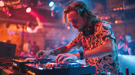Fototapeta na wymiar Professional DJ music mixer at a party at an Electronic Music concert