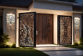 A striking house gate design inspired by geometric patterns and abstract forms, crafted from...