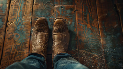 Wild West Vintage style cowboy hat and pair old leather boots on wooden floor. 