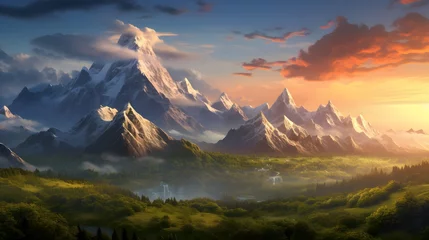 Deurstickers A breathtaking vista of a massive mountain range, its peaks bathed in the soft light of dawn, casting long shadows over the rocky terrain below, a sight that fills the heart with awe and wonder. © Graphica Galore