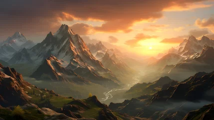 Deurstickers A breathtaking vista of a massive mountain range, its peaks bathed in the soft light of dawn, casting long shadows over the rocky terrain below, a sight that fills the heart with awe and wonder. © Graphica Galore