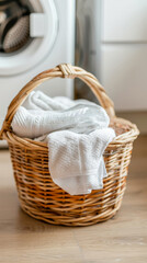 Obraz premium Wicker Basket with Fresh Towels in Laundry Room