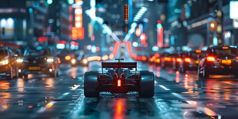 Digital artwork depicting a formula car trapped in city traffic during rush hour, showcasing urban congestion. Concept Digital Art, Formula Car, City Traffic, Rush Hour, Urban Congestion