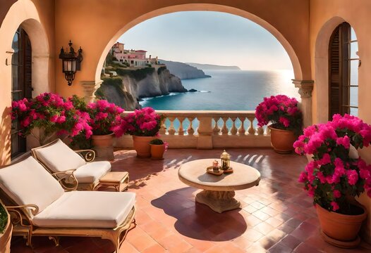 A majestic Mediterranean-style villa perched on a cliff overlooking the ocean, boasting terracotta roofs, arched windows, and ornate balconies adorned with vibrant bougainvillea.