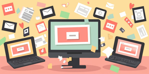 Colorful Digital Workspace with Multiple Screens and Icons