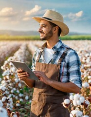 Man farmer in hat walking the field of cotton and using tablet computer