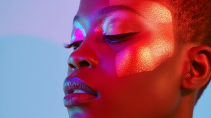 Close-up beauty shot of a woman with her face illuminated by vibrant red and blue neon reflections
