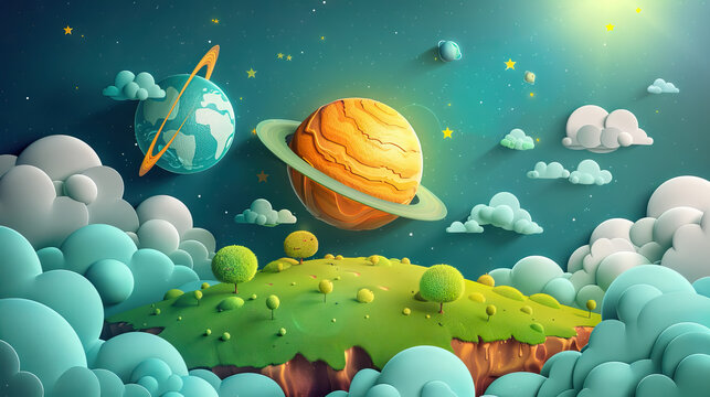 Wax paintings of landscape landmarks form the appearance of the earth and sky in space and saturnus planet AI Generative