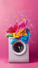 Vivid washing machine scene with floating clothes and bubbles - obrazy, fototapety, plakaty