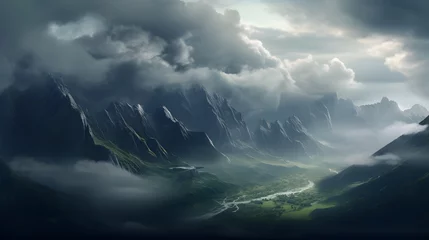 Möbelaufkleber A colossal mountain rising from the mist-covered valley below, its rugged slopes and jagged peaks obscured by clouds, shrouded in mystery and intrigue. © Graphica Galore