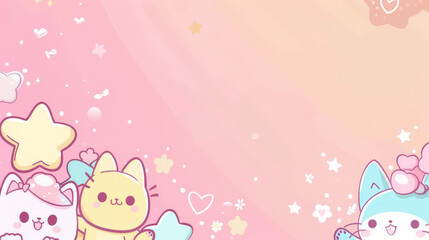 Whimsical Kawaii Cats and Stars on Pastel Background
