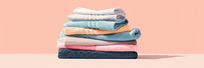 Folded towels in soft colors on pastel pink surface