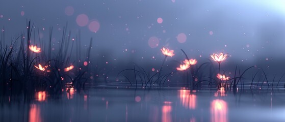 Obraz premium A pond filled with water surrounded by tall grass and a sky with bright pink lights