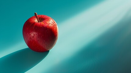 A delicious red apple on a teal blue background with light and shadows, one single red organic...