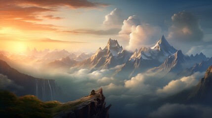 A majestic mountain range stretching across the horizon, its peaks bathed in the soft light of dawn, a testament to the timeless beauty and resilience of nature's creations. - obrazy, fototapety, plakaty