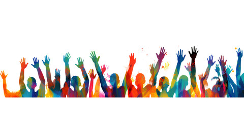Different colour many hands up isolated on transparent background .