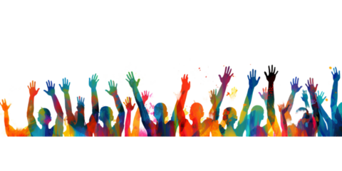 Different colour many hands up isolated on transparent background .