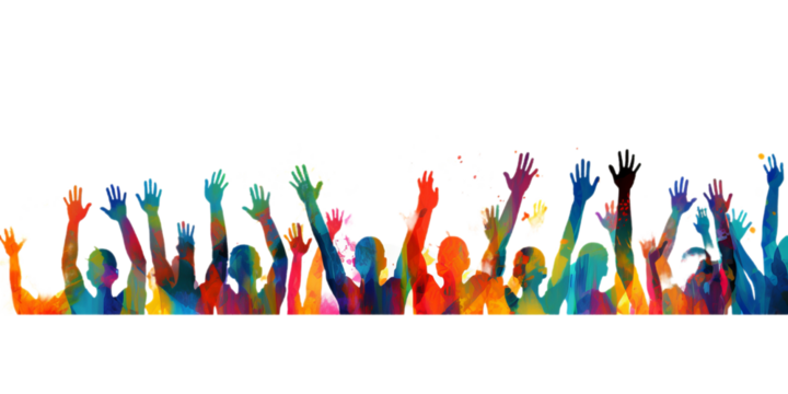 Different colour many hands up isolated on transparent background .