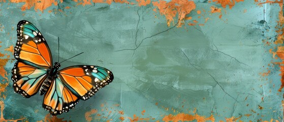  Close-up of butterfly on blue-orange background amidst grungy wall