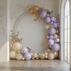 Obraz na płótnie Canvas Purple and gold balloons and arch