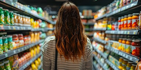 Informed Consumer Behavior: Woman Comparing Products in Grocery Store for Nutrition, Prices, and Ingredients. Concept Comparison Shopping, Product Research, Nutrition Labels, Price Analysis - obrazy, fototapety, plakaty