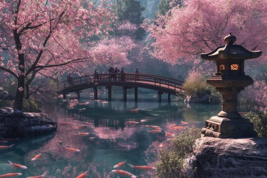 Fototapeta A tranquil Japanese garden in spring, featuring a wooden bridge over a koi pond surrounded by blooming cherry trees and traditional lanterns. Resplendent.