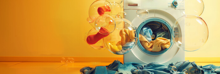 Floating clothes and bubbles around washing machine