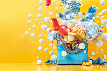 Dynamic laundry explosion with bubbles - obrazy, fototapety, plakaty