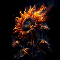 Sunflowers withered and burning on a black background void symbolizes loss, the end of vibrancy, and the inevitable cycle of life and decay.
