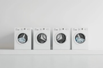 Row of washing machines with one in use