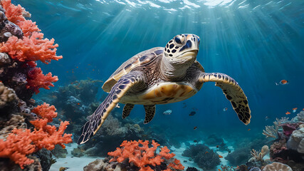 Obraz premium Hawaiian Green Sea Turtle (Eretmochelys imbricata) on a coral reef