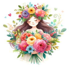 Naklejka premium Watercolor illustration with woman and bouquet of spring flowers. 