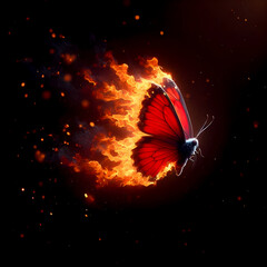 A small red butterfly with fiery wings stands out against a dark backdrop, symbolizing untamed spirit and freedom. - obrazy, fototapety, plakaty