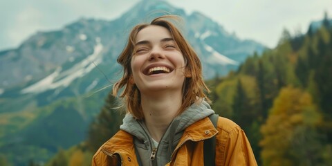 A woman smiling while standing in front of a mountain range. Generative AI. - Powered by Adobe