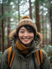 A woman in a park wearing winter clothes and smiling. Generative AI.
